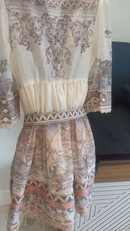 Linen floral printed high quality dress